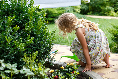 在花园里浇水的小女孩图片