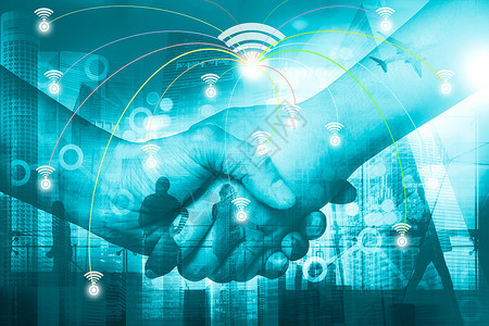 竞业协议双面接触商人握手和业区背景连接概念设计图片