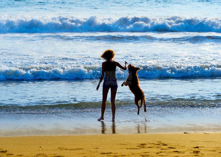 在海滩上女人跟狗玩耍图片
