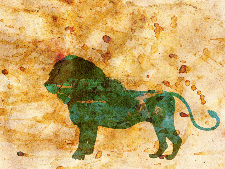色彩多的夜景非洲风树和狮子的轮廓纸质纹身图片
