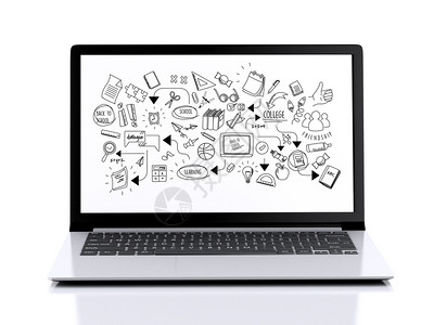 3d插图笔记本电脑在屏幕上加教育怀疑孤立的白色背景电子学习概念图片