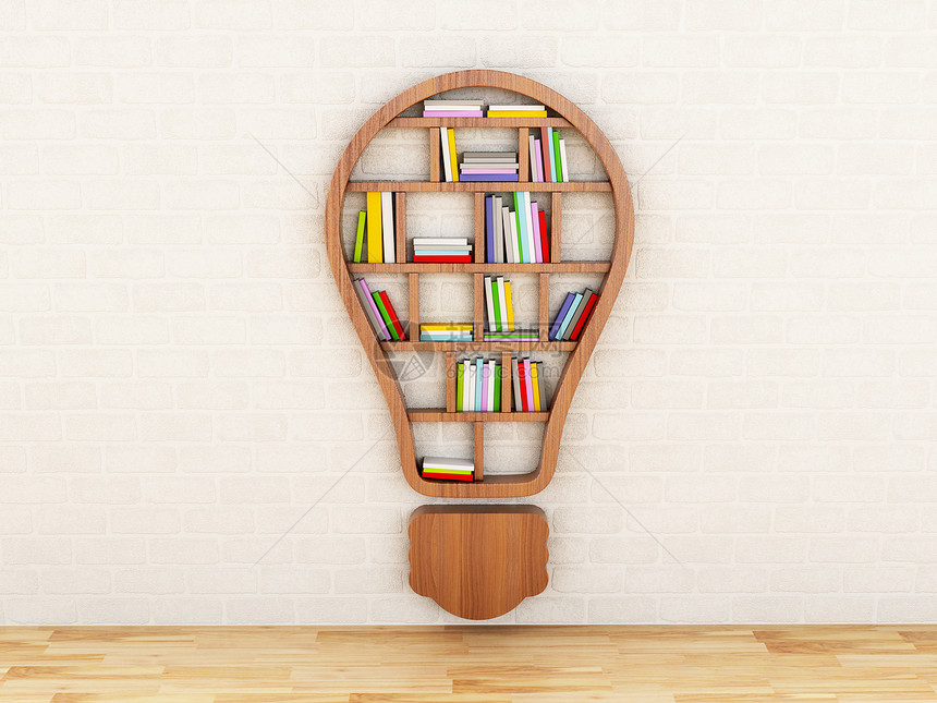 木质书架以灯泡的形式灵感创意和新理念的概图片