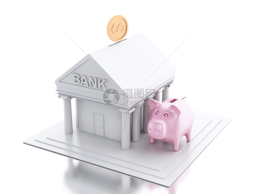 3d铸造者图像银行大楼钱币和粉红色小猪银行孤立的白色背景图片