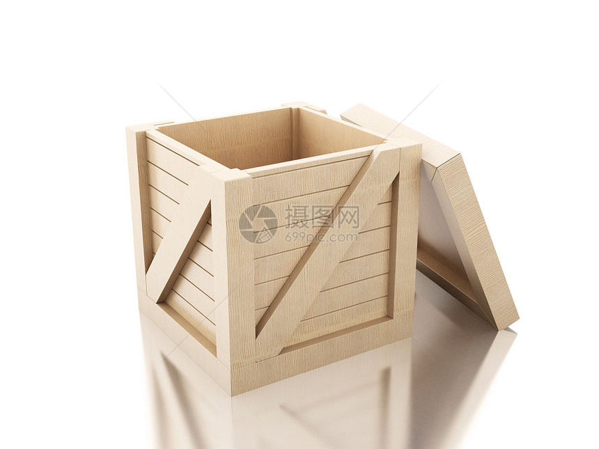 3d铸造图像打开木制箱以孤立的白色背景图片