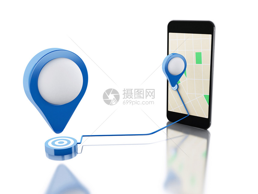 3d显示器图像智能手机带蓝色指针和屏幕上计划路线导航概念孤立的白色背景图片