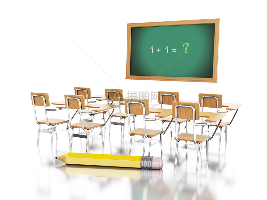 3d铸造者图像学校椅子数问题和铅笔的黑板教育概念孤立的白种背景图片