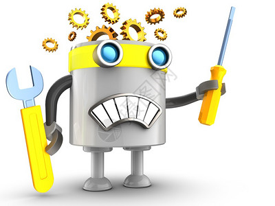 卡通黄色机器人3d说明机器人在白色背景上带有修理工具机器人在白色之上背景