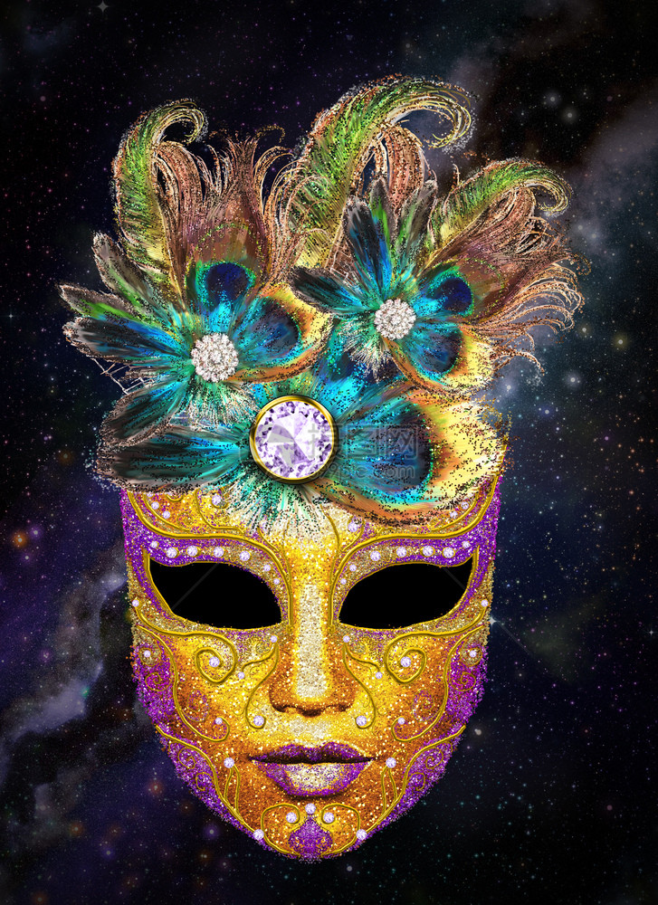 由金和紫色光亮孔雀羽毛制成的时尚维尼蒂亚嘉年华面具图片