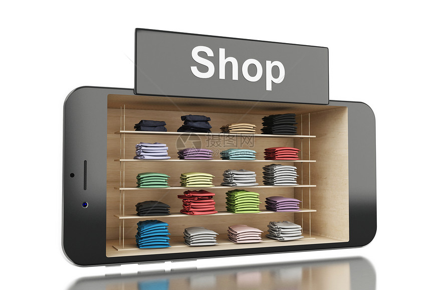 3d说明与服装商店的智能手机电子商务网上购物概念图片