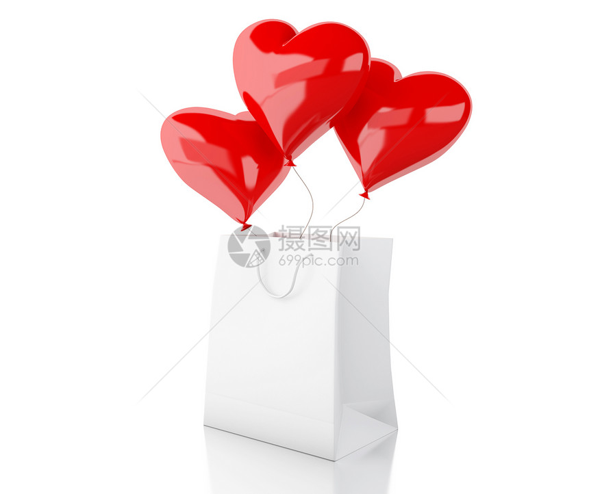 3d示例装有红气球的购物袋以心脏的形式情人节概念孤立的白色背景图片