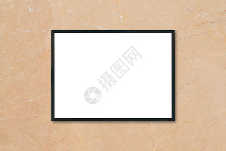 模拟空白海报图片框挂在室内棕褐大理石墙背景上背景图片