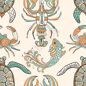 带海龟螃蟹龙虾和鱼的矢量无缝模式复古风格图片