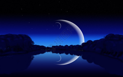 森林的夜幕月亮和星照的湖泊图片