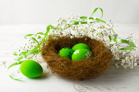 在白木本底有绿色带的巢状东边鸡蛋背景图片