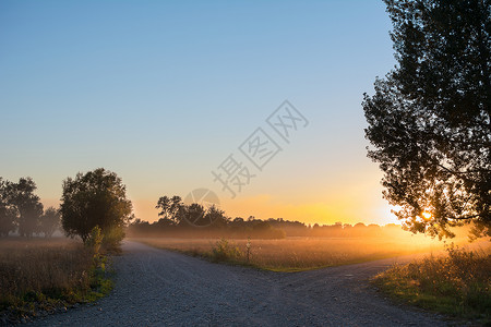 选择正确的方式美丽景色在十字路口上日出以两种方式分开日落背景的农村十字路口背景图片