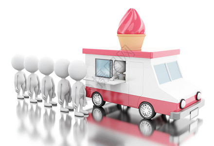3个插图冰淇淋食品卡车白人在排队等候快速食品概念孤立的白色背景图片