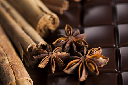 肉桂和香肠深巧克力加糖甜巧克力甜糖的木本底食图片