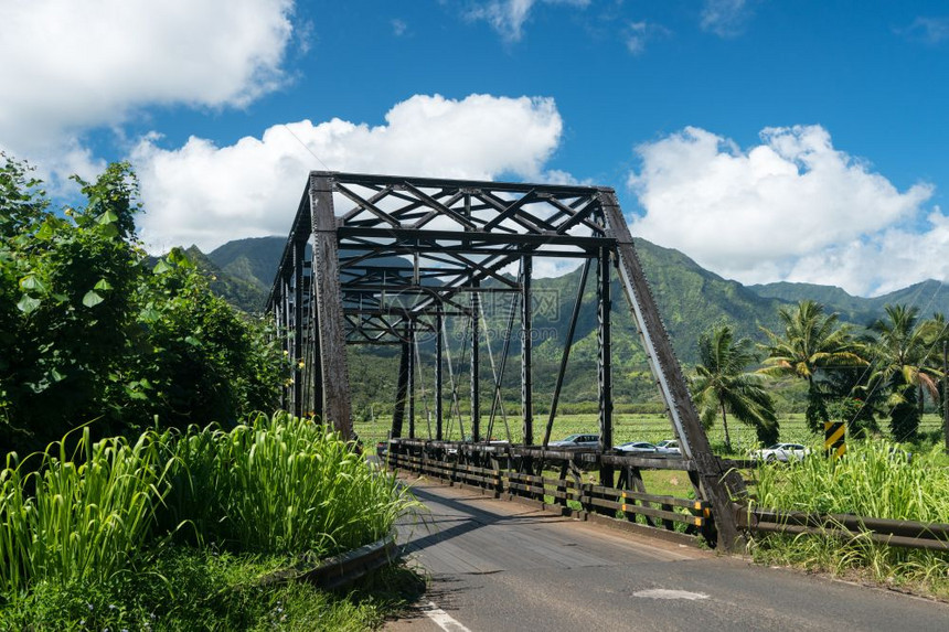 通往hanleiku公路上的旧金属环桥从kaui的prnvle开往hanlei的老金属环桥和木图片