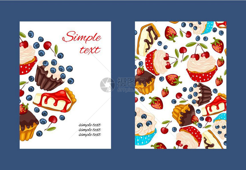 纸杯蛋糕彩色插图餐厅或咖啡馆菜单设计浆果松饼和芝士蛋糕的传单模板图片