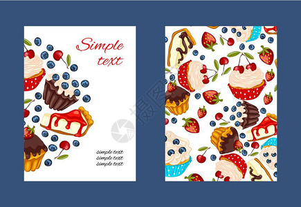 纸杯设计纸杯蛋糕彩色插图餐厅或咖啡馆菜单设计浆果松饼和芝士蛋糕的传单模板插画
