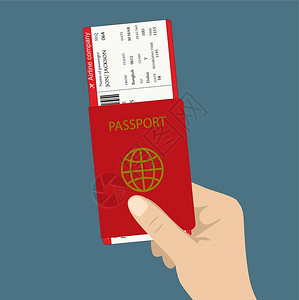 手抓票登机证和护照插画