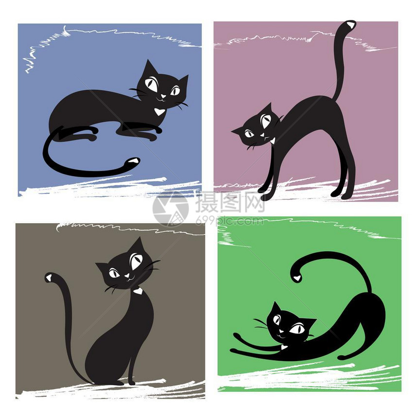 一组黑猫矢量图图片