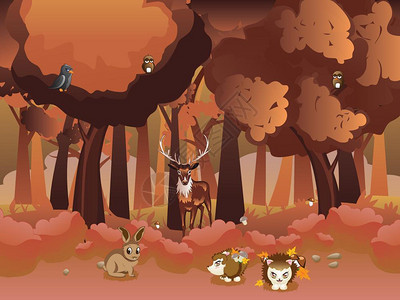 卡通秋天森林景观与动物图片