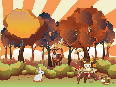 卡通秋天森林景观与动物图片