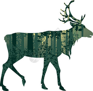 绿色的鹿剪影枯萎的森林景观树光影和绿雾中鹿插画