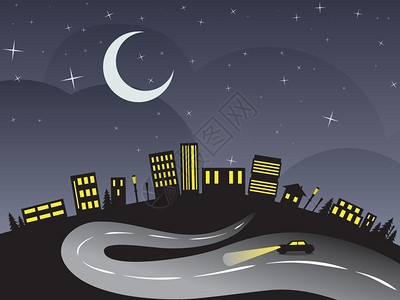 高速公路之夜夜晚通向城市道路背景图插画