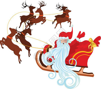 红驯鹿红雪橇和驯鹿上的卡通圣塔片插画