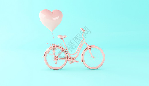 3个插图红色心脏气球的粉红色自行车爱的概念红色心脏气球的3个自行车图片