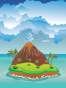 卡通火山岛和平上卡通火山的插图图片