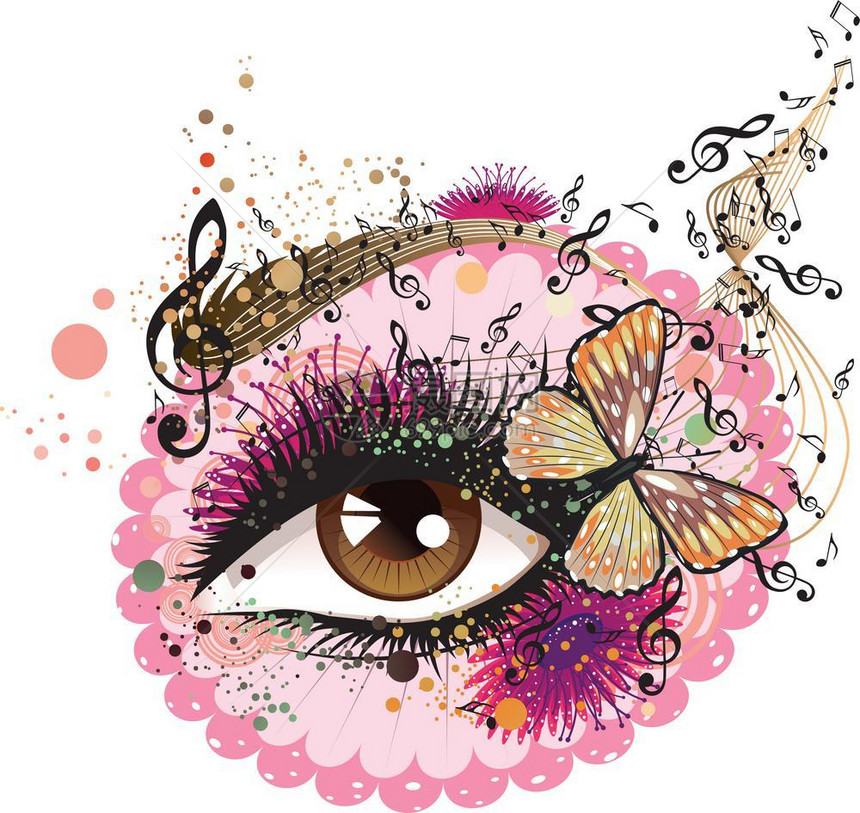 长睫毛花朵音乐笔记和蝴蝶装饰眼图片
