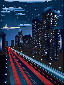 高速公路之夜摩天大楼和夜间道路的城市背景图插画