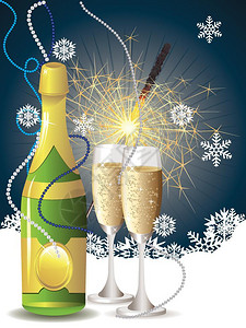 圣诞玻璃杯香槟瓶两个杯子和火花蓝色背景的雪花设计图片