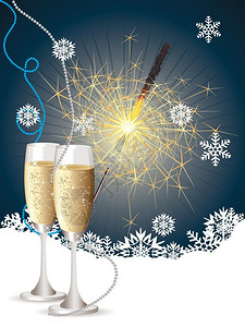 孟加拉香槟瓶两个杯子和火花蓝色背景的雪花设计图片