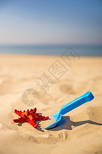 红色铲子玩具带着小孩玩具铲子和红海星的沙滩背景