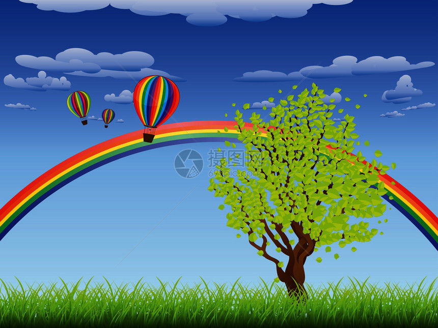 绿草地天上有树彩虹和热气球图片