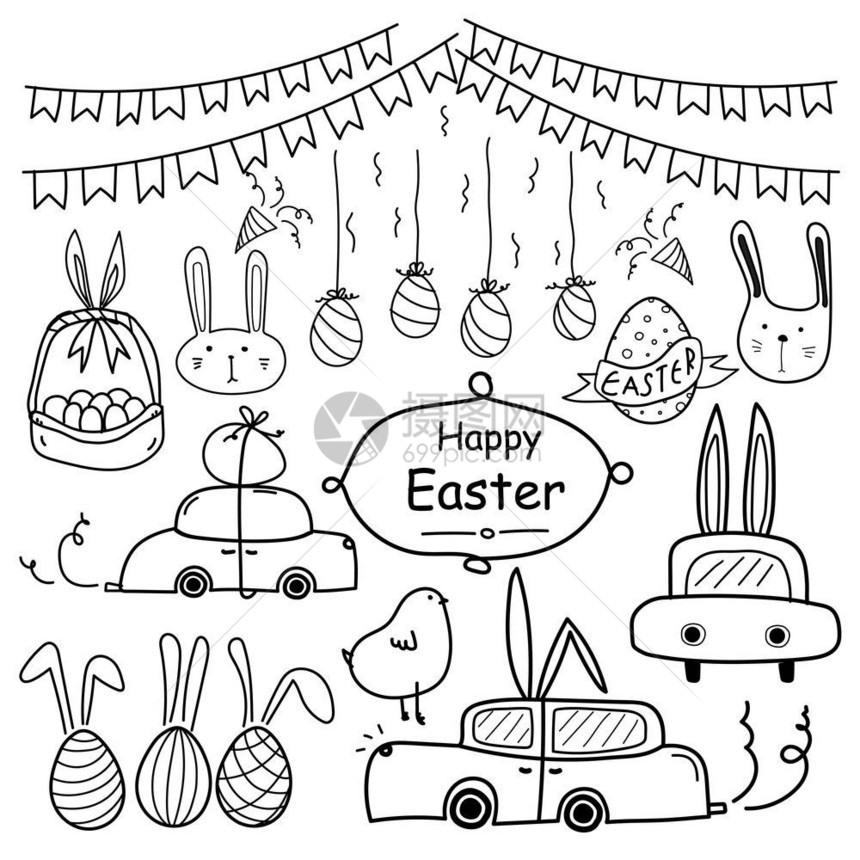 东部快乐的一天线上手画了面条快乐东部设置的汽车蛋和篮子手工制作的矢量插图图片
