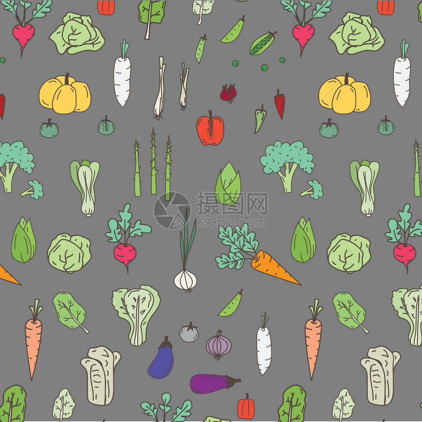 带有手工绘制的涂鸦蔬菜矢量图示背景图片