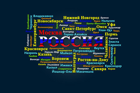 俄罗斯和黑暗背景所列城市的颜色中俄罗斯字词图片