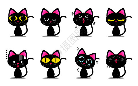 库罗贝带有不同情感的可爱黑猫插画