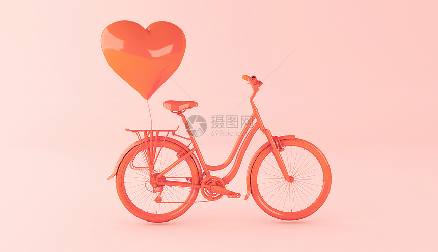 3辆粉红色自行车3个插图粉红色自行车心脏气球爱情概念图片