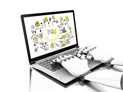 3d插图机器人手用商业草图在提电脑上打字商业概念孤立的白色背景图片
