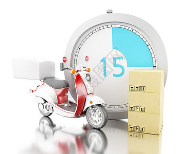 3d高度校验提供带摩托车的纸板箱快速移动和交付概念孤立的白色背景图片