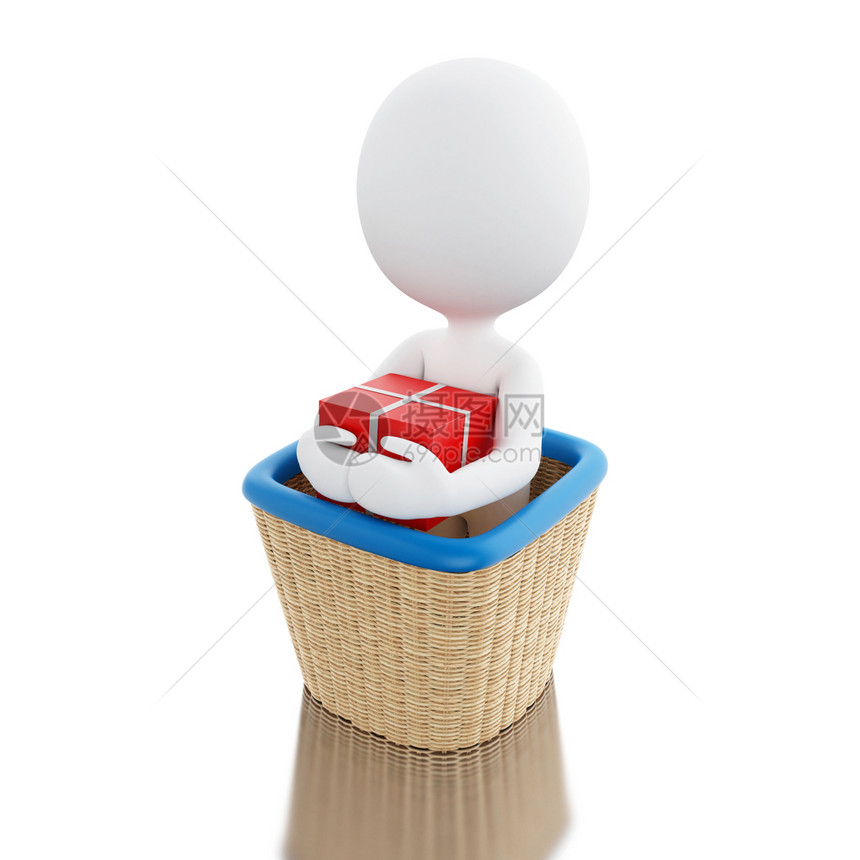 3d插图装有礼物盒的空球篮子里白人孤立色背景图片
