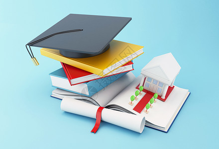 3d插图具有毕业上限综合文凭和大学建设教育概念的书集学术的高清图片素材