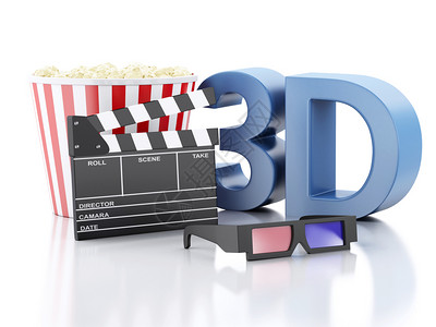 电影片拍爆米花和3D眼镜电影摄概念背景