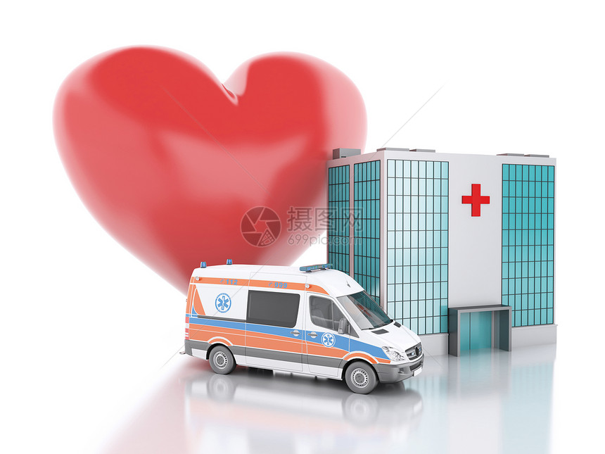 3d铸造者插图医院建筑和红心隔离在白色背景上图片
